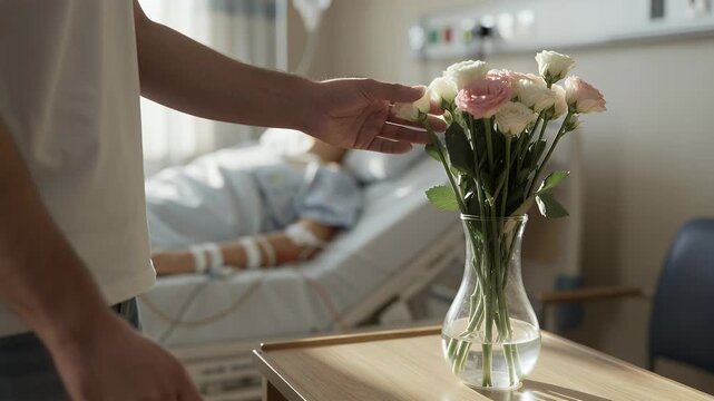 Family member placing flowers in vase on bedside table beside unconscious patient in ICU, lying in bed in hospital room during medical visit