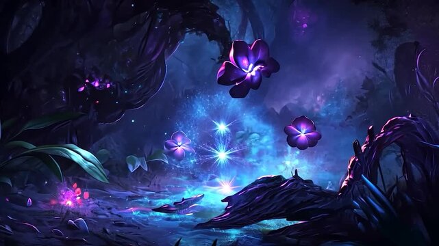 Magical, vibrant, dark fantasy forest with glowing flowers and fantastical flora