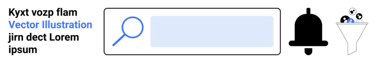 Web design, search usability, notifications, filtering system, user interface, digital tools. Search bar with magnifying glass, notification bell and filter icons. Web design and search usability