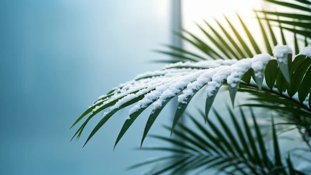 Winter's Embrace: A delicate plant branch, its vibrant green leaves gracefully adorned with a pristine blanket of fresh snowfall. A serene tableau of nature's beauty.