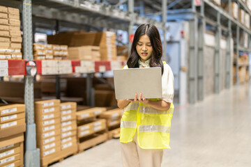 Female engineers discussing inventory in warehouse logistics and supply chain planning, operation management, data analysis, warehouse shipping, inventory tracking, optimization and technology