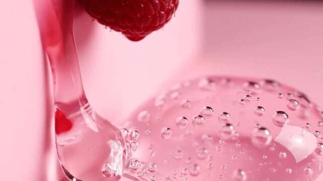 Red liquid drop with raspberry meets pink gel with bubbles