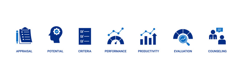 Performance Appraisal icon set containing appraisal, potential, criteria, performance, productivity, evaluation and counselling vector icons