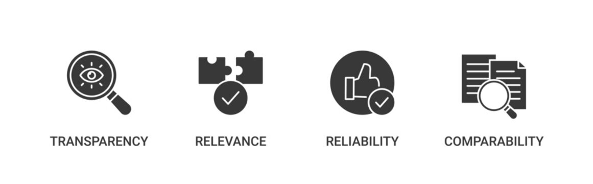 Financial Report Principles icon set containing transparency, relevance, reliability and comparability vector icons