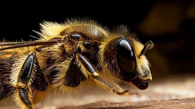 Macro Bee Portrait: A close-up portrait of a honeybee, revealing intricate details of its anatomy. Capturing its fuzzy texture and multifaceted eyes.
