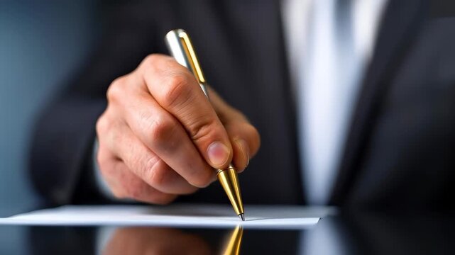 Signature of success: A close-up shot of a well-dressed individual signing a crucial document with a sophisticated pen, symbolizing professionalism and legal agreement.