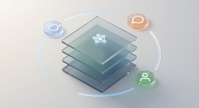3d isometric glass layers with glowing digital networking and social media icons including user profile chat bubble and camera for data structure and software interface concept