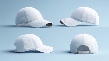 Mockup of a stylish light blue baseball cap displayed from multiple angles, showcasing design features and potential branding opportunities