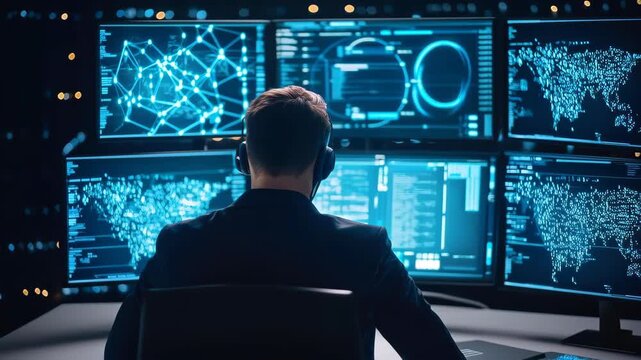 Cybersecurity Analyst at Work: A cybersecurity analyst monitors intricate data visualizations on a array of computer monitors, highlighting the complexities of digital security and network analysis.
