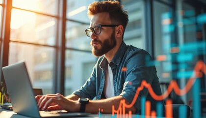 Man wears glasses, works on laptop in modern office. Data charts overlay visible on screen. Sunlight streams through window, highlighting focused work.