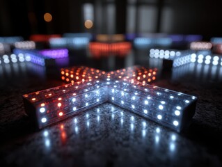 Colorful LED lights arranged in a cross pattern with reflections
