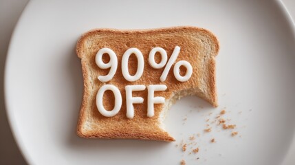 Toast slice with a bite taken out, displaying bold white text reading 90 percent OFF, placed on a clean plate, conveying a promotional food concept with a playful twist