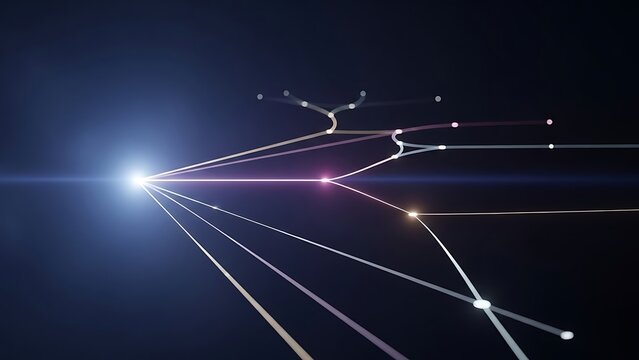 Abstract representation of interconnected network pathways emanating from a central bright light source