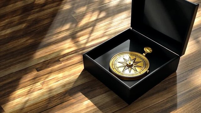 Gold compass in black box on wooden floor