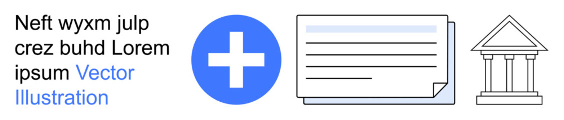 Obraz premium Healthcare, financial services, documentation, public health, insurance, government systems. Blue medical cross, document and courthouse outline. Healthcare and financial services concept
