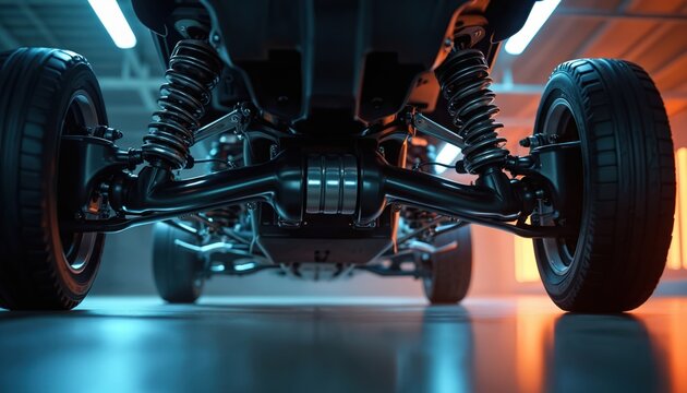 Underside view of car suspension. Detailed view of shock absorbers, springs, and axle components. Modern auto chassis with wheels ready for road. Shows automotive engineering and mechanics.