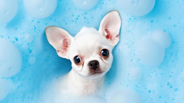 Chihuahua in Bubbles: A charming chihuahua peeks out from a sudsy bubble bath, its bright eyes and innocent expression creating a moment of delightful purity and fun.
