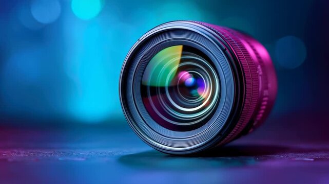 Lens's Visual Symphony: A close-up shot of a professional camera lens, its intricate glass elements reflecting a spectrum of colors against a soft, blurred backdrop of blue and purple hues.
