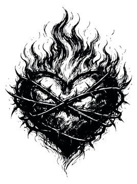 Hand drawn illustration of a heart depicting flames and thorn vines for symbolic passion and pain