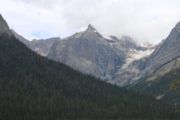 Fototapeta premium The Canadian Rockies in summer, with cloudy peaks rising above deep forest in Yoho National Park.