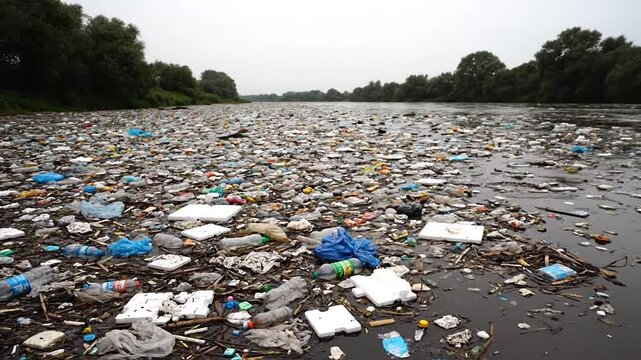 A river choked by massive plastic pollution, highlighting environmental degradation