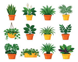 Obraz premium Cartoon graphic potted plant set featuring diverse indoor foliage for interior design projects