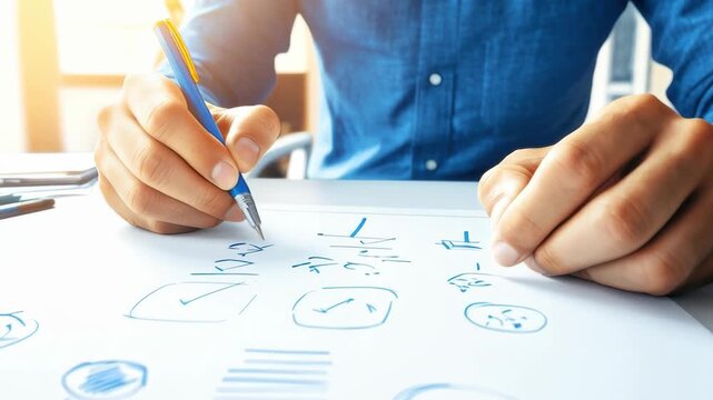 Detailed Draft: A person meticulously crafts and refines a strategy through detailed sketching on a paper. The scene is illuminated by soft daylight.