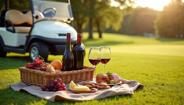 Luxury picnic with red wine, cheese, grapes, and pastries set on green grass by golf cart. Enjoy a relaxing day outdoors with food and drink.