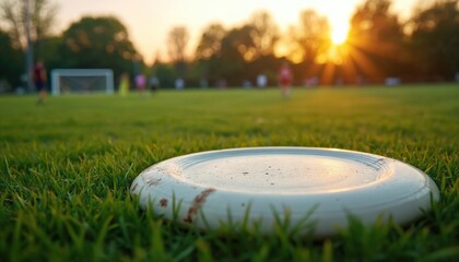 Worn ultimate frisbee rests on green grass field. Distant players enjoy sunset game near soccer goal. Warm evening light falls on active leisure.