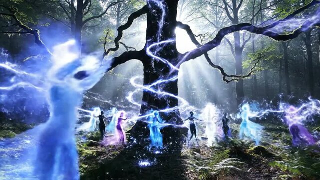 Ethereal spirits dancing with magic in an enchanted forest