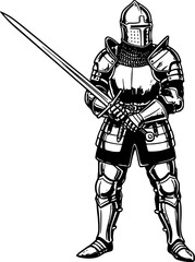 Fototapeta premium Ink-Wash Illustration of a Medieval Warrior with Sword and Armor 