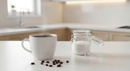 Steaming cup of black coffee sits beside a small glass jar of white granulated sweetener on a bright kitchen counter.