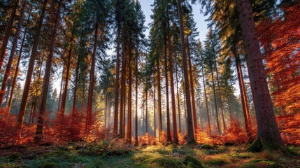 Obraz premium Autumn Forest Scene with Tall Evergreen and Deciduous Trees Sunlight Filtering Through Colorful Foliage
