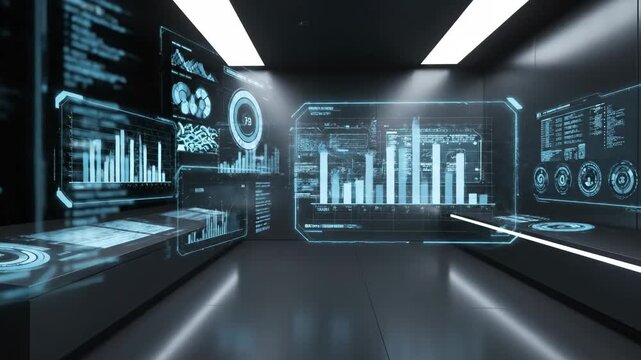 Dynamic digital display of business intelligence and financial data on interactive holographic screens in a modern tech environment.