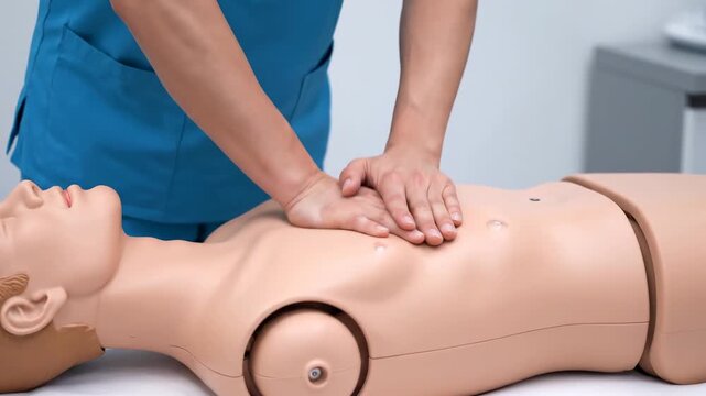 Heartpumping cpr training session for life saving techniques on a mannequin, suitable for medical training materials and healthcare educational resourc