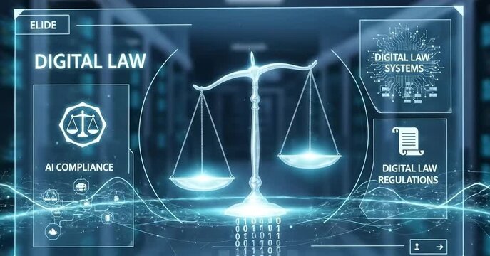 Futuristic digital law interface displaying justice scale, highlighting digital law, AI compliance, digital law systems, and digital law regulations for secure governance. Elide
