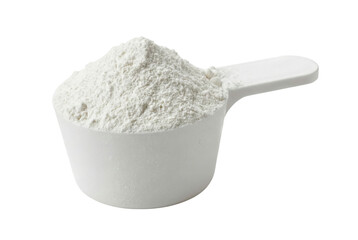 Scoop of white protein powder isolated. Fitness supplement.
