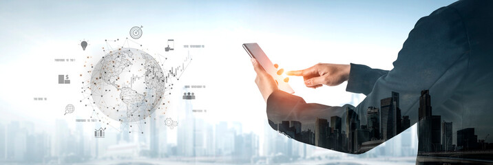 Global business network connecting digital economy and data exchange. Global business expands market, business shares data, global drives finance, and global business supports insight. Vouch