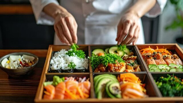 Chef Arranging Fresh Japanese Bento Box with Sushi and Sashimi