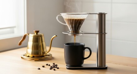 Pour over coffee brewing process displayed with a metal stand, golden kettle, and dark mug on a wooden surface