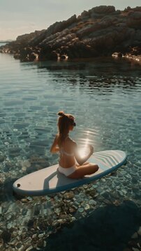 Tranquil yoga retreat beach scene with surf yoga and proprioception focus, perfect for wellness, travel, and lifestyle commercial projects