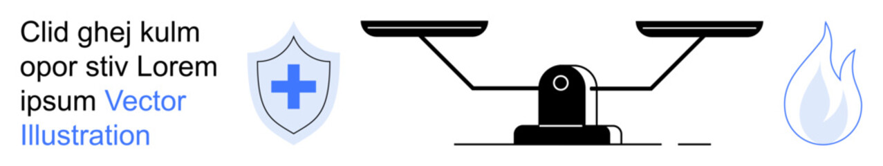 Obraz premium Justice, protection, decision-making, safety, risk management, health symbols. Balanced scale with shield and flame icons. Justice and protection in visual