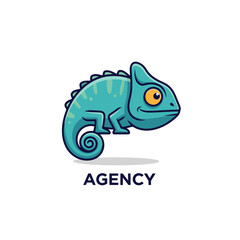Cute Teal Chameleon Character with Agency Text Below. © tham