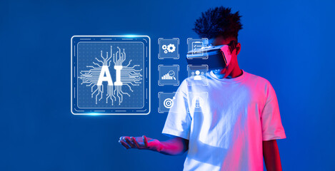 A vibrant image of a male figure engaging with virtual reality to explore generative artificial intelligence concepts, highlighted by dynamic color contrasts and tech visuals. XDMCP