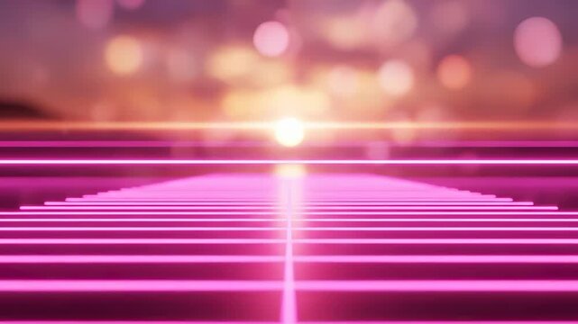 The scene features a vibrant sunset with a sun shining in the distance. Pink lines extend toward the horizon, creating a symmetrical path against the colorful sky.