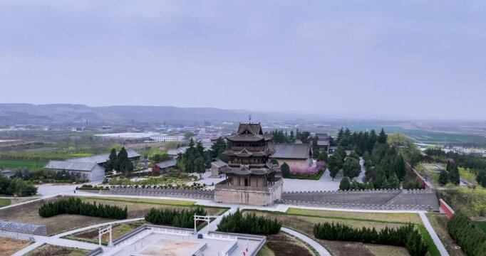 Orbiting aerial time-lapse of Qiufeng Pavilion in Shanxi Province, traditional Chinese ancient architecture landscape, famed for Emperor Wu&rsquo;s &ldquo;Autumn Wind Ode.&rdquo;