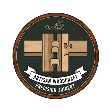 Artisan Woodcraft Precision Joinery Emblem with Woodworking Tools.