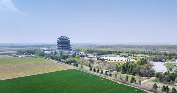 Orbiting aerial time-lapse of Guanque Tower, Tang-style pavilion in Shanxi Province, famed from Wang Zhihuan&rsquo;s classic poem. China