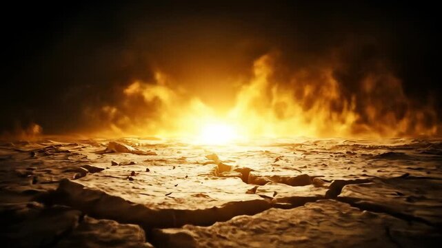 Dramatic landscape featuring cracked earth and a fiery sky, symbolizing desolation and environmental disaster.