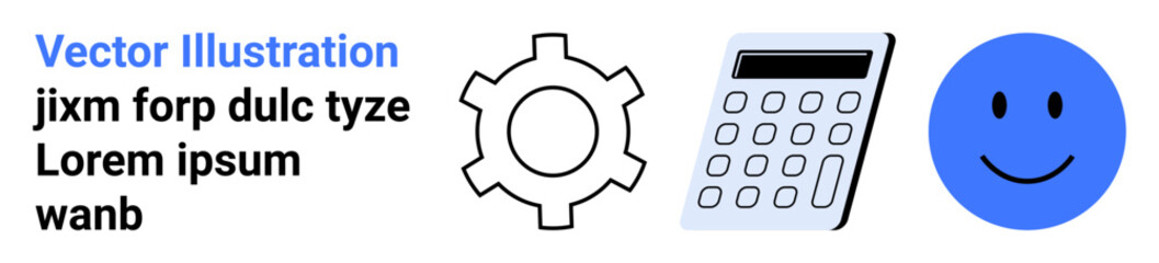 Fototapeta premium Gear icon, calculator, and happy face symbolize productivity, efficiency, financial management, and positivity. Ideal for business, education, personal development technology productivity success